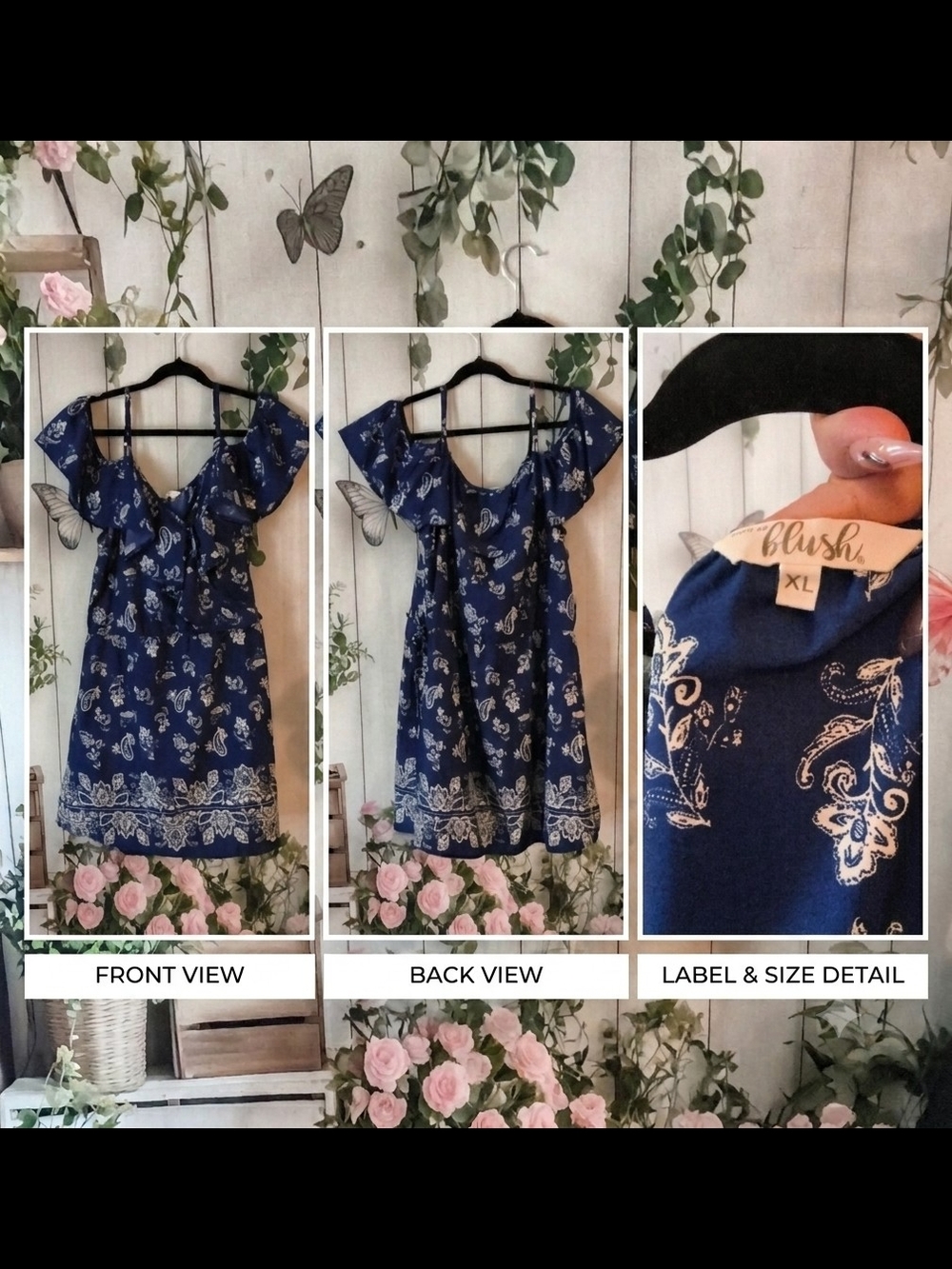 Blush Navy Floral Border Print Cold-Shoulder Dress